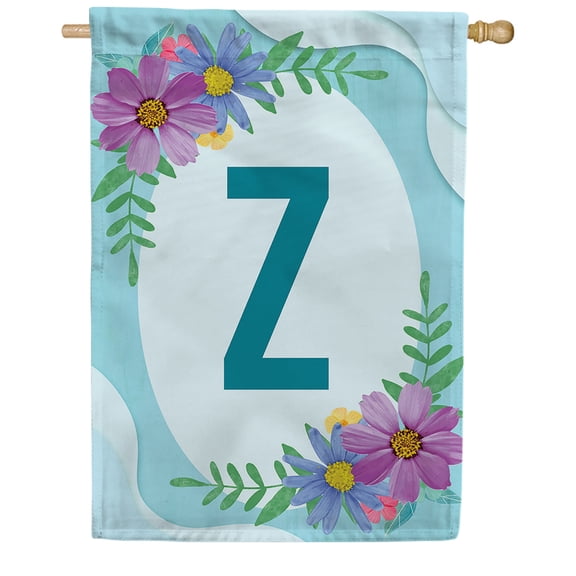 America Forever Spring Monogram House Flag Letter Z 28 X 40 inches Double Sided Vertical Outdoor, Yard, Lawn, Pink and Blue Flowers, Cosmos, Leaves, Summer Flower House Flag