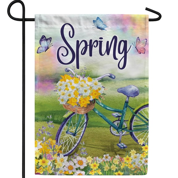 America Forever Spring Ride Garden Flag, 12.5 x 18 inch Double Sided, Spring Bicycle Flower Basket, Butterfly Spring Outdoor Decorative Flag