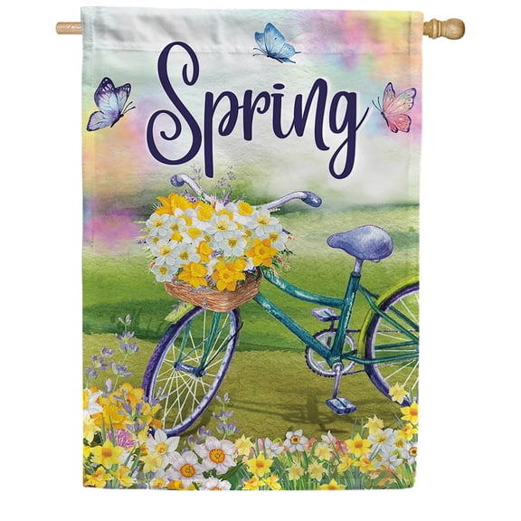 America Forever Spring Ride House Flag, 28 x 40 inch Double Sided, Spring Bicycle Flower Basket, Butterfly Spring Outdoor Decorative Flag