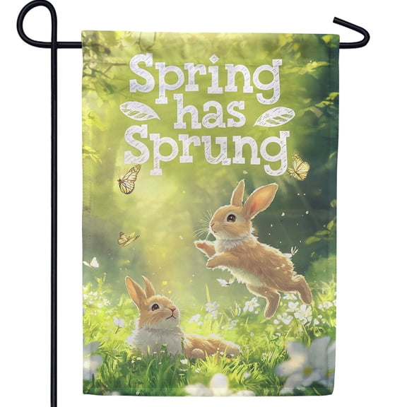 America Forever Spring Has Sprung Garden Flag, 12.5 x 18 inch Double Sided, Cute Bunnies with Butterflies in Forest, Easter Spring Decor, Woodland Rabbit Yard Flag