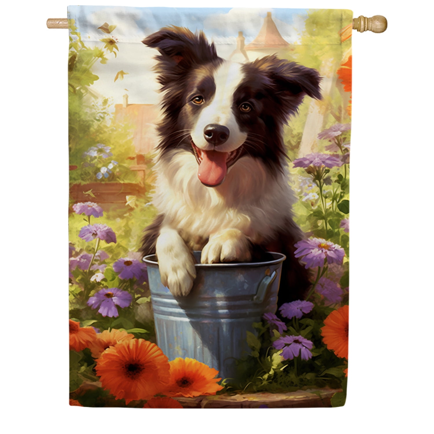 America Forever Spring Summer Border Collie Dog House Flag 28 x 40 inch Double Sided Border Collie Puppy Floral Spring House Flag for Outdoor Dog Flag Yard Decoration