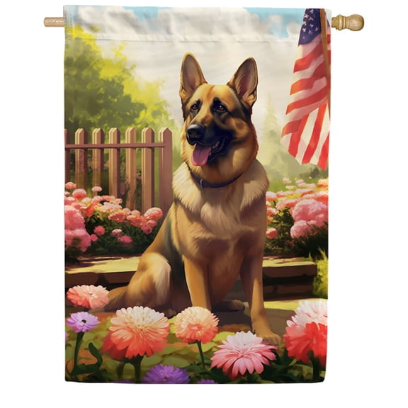 America Forever Spring Summer German Shepherd Dog House Flag 28 x 40 inch Double Sided Patriotic German Shepherd Floral Spring House Flag for Outdoor Dog Flag Yard Decoration