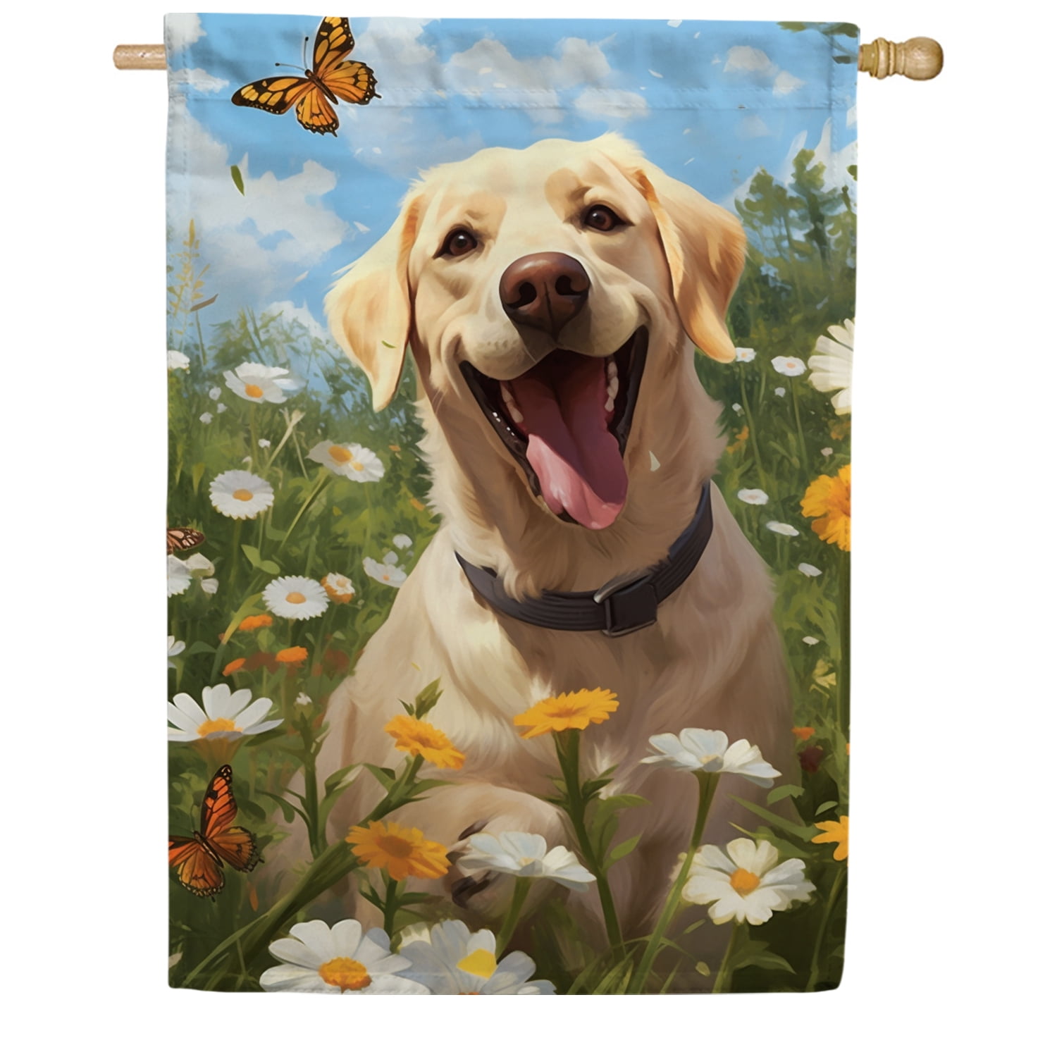 America Forever Spring Summer Golden Retriever Dog House Flag 28 x 40 inch Double Sided Golden Retriever Puppy Floral Daisies Spring House Flag for Outdoor Dog Flag Yard Decoration