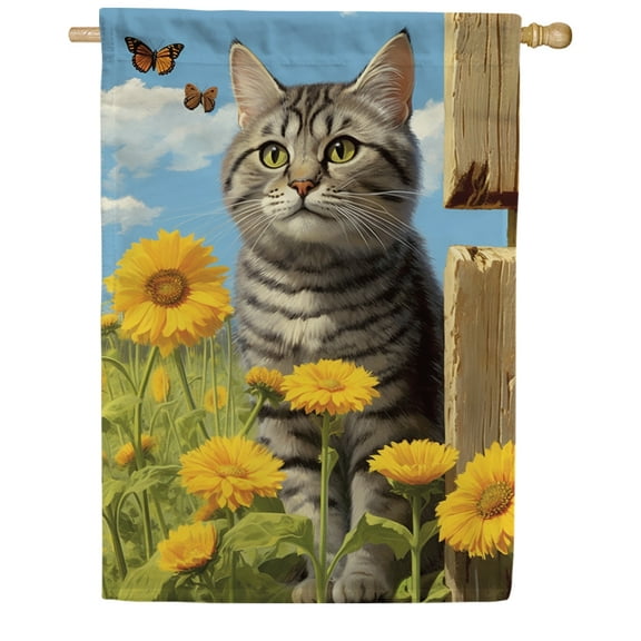 America Forever Spring Summer Sunflower Cat House Flag 28 x 40 inch Double Sided Kitty Floral Butterfly Spring Summer House Flag for Outdoor Cat Flag Yard Decoration