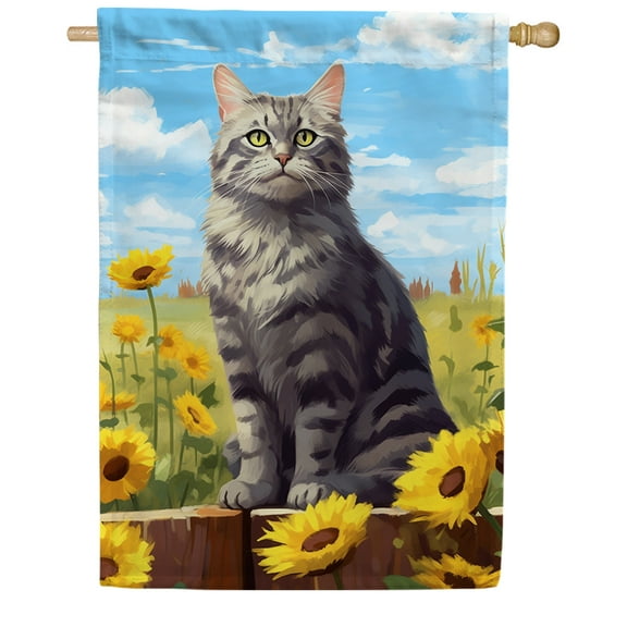 America Forever Spring Summer Sunflower Cat House Flag 28 x 40 inch Double Sided Kitty Floral Spring Summer House Flag for Outdoor Tabby Cat Flag Yard Decoration