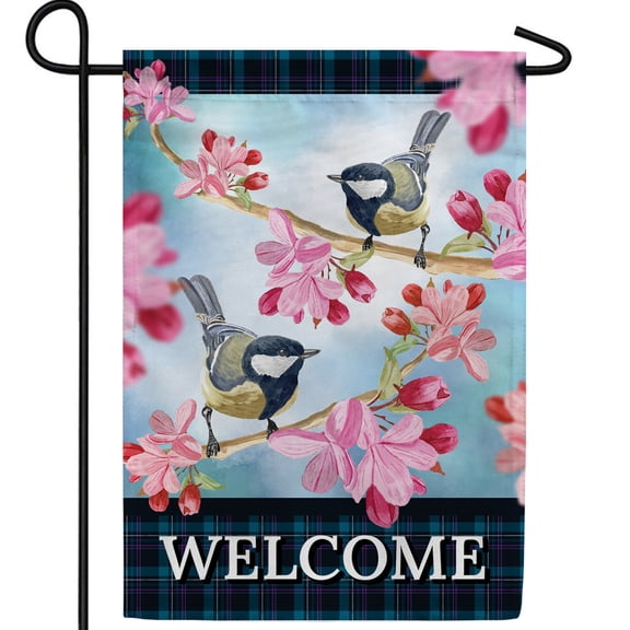 America Forever Spring Tweets Welcome Garden Flag, 12.5 x 18 inch Double Sided, Spring Birds Cherry Blossom Banner, Chickadee Floral Welcome Outdoor Decor, Seasonal Bird Yard Flag