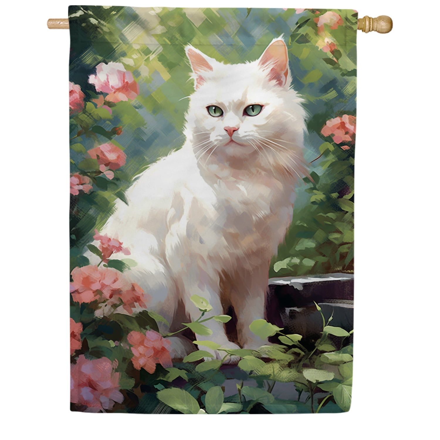 America Forever Spring White Cat House Flag 28 x 40 inch Double Sided Kitty Pink Floral Summer Spring House Flag for Outdoor Cat Flag Yard Decoration