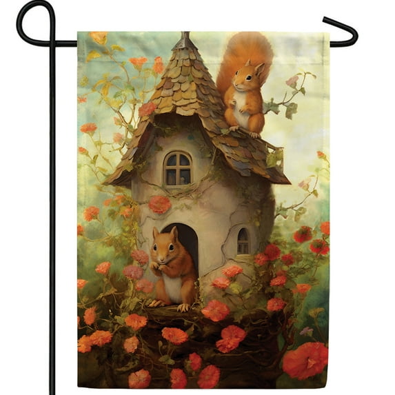 America Forever Squirrel Home Garden Flag 12.5 x 18 inch Double Sided Woodland Cottage Fall Flowers Cute Animals Fairy Tale House Outdoor Yard Flag