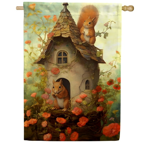 America Forever Squirrel Home House Flag 28 x 40 inch Double Sided Woodland Cottage Fall Flowers Cute Animals Fairy Tale House Outdoor Yard Flag