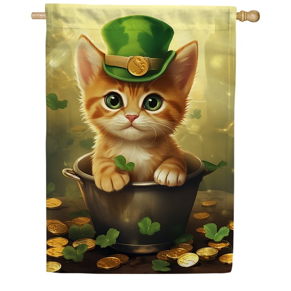 America Forever St Patricks Day Cat House Flag 28 x 40 inch Double Sided Green Shamrocks Clovers Pot of Gold Kitty Leprechaun Hat Outdoor St Pats Flag Yard Decoration