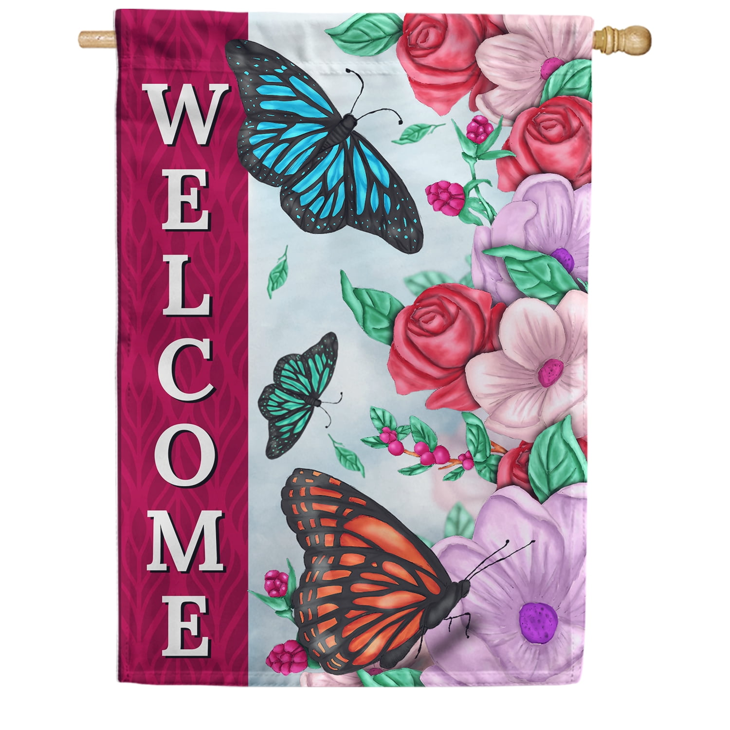 America Forever Stained Glass Butterflies House Flag, 28 x 40 inch Double Sided, Welcome Butterfly Rose Garden, Spring Summer Outdoor Decorative Flag