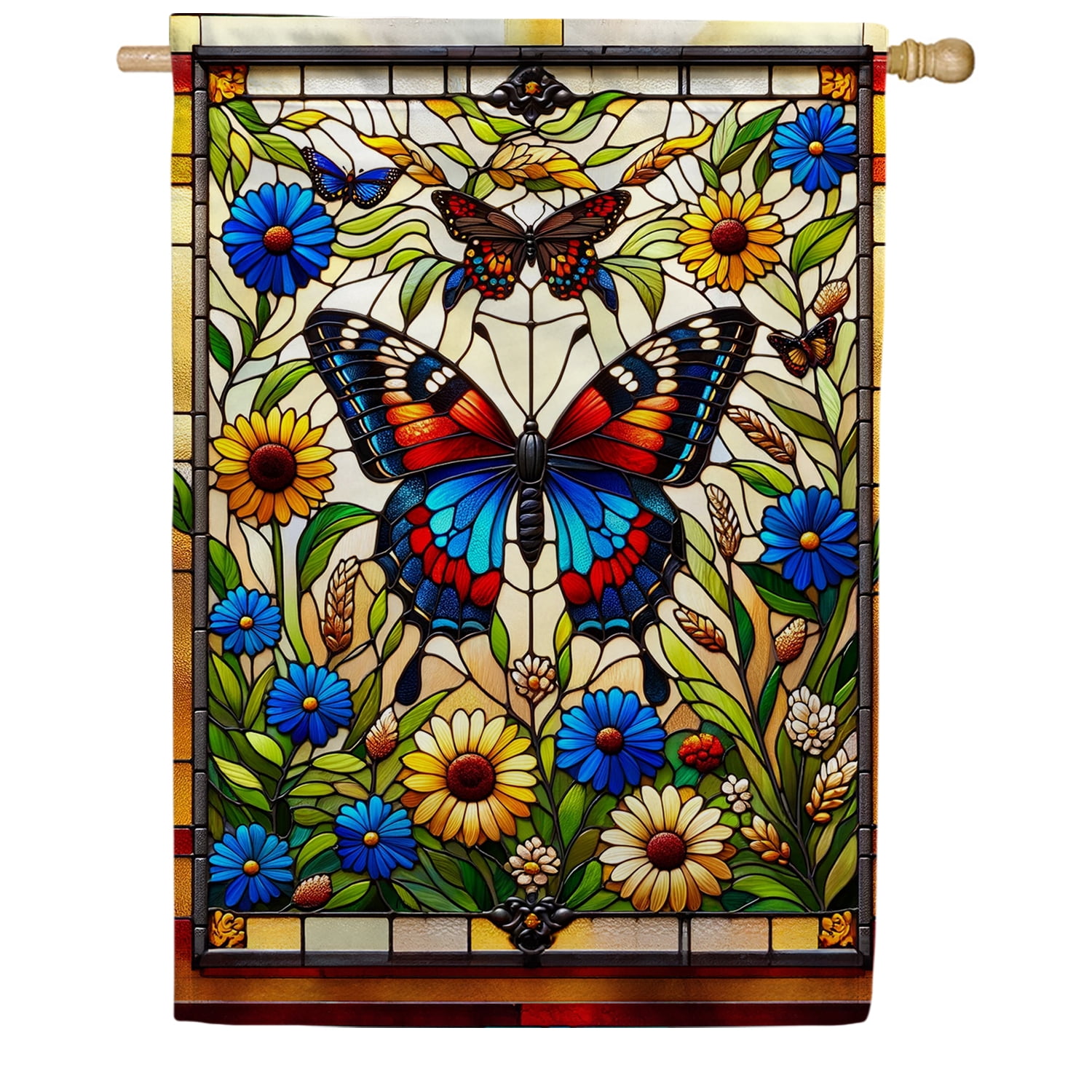 America Forever Stained Glass Butterfly House Flag, 28 x 40 inch Double Sided, Majestic Spring Summer Floral Flower Decorative Seasonal Outdoor Decor, Holiday Outside Decorations Yard Flag