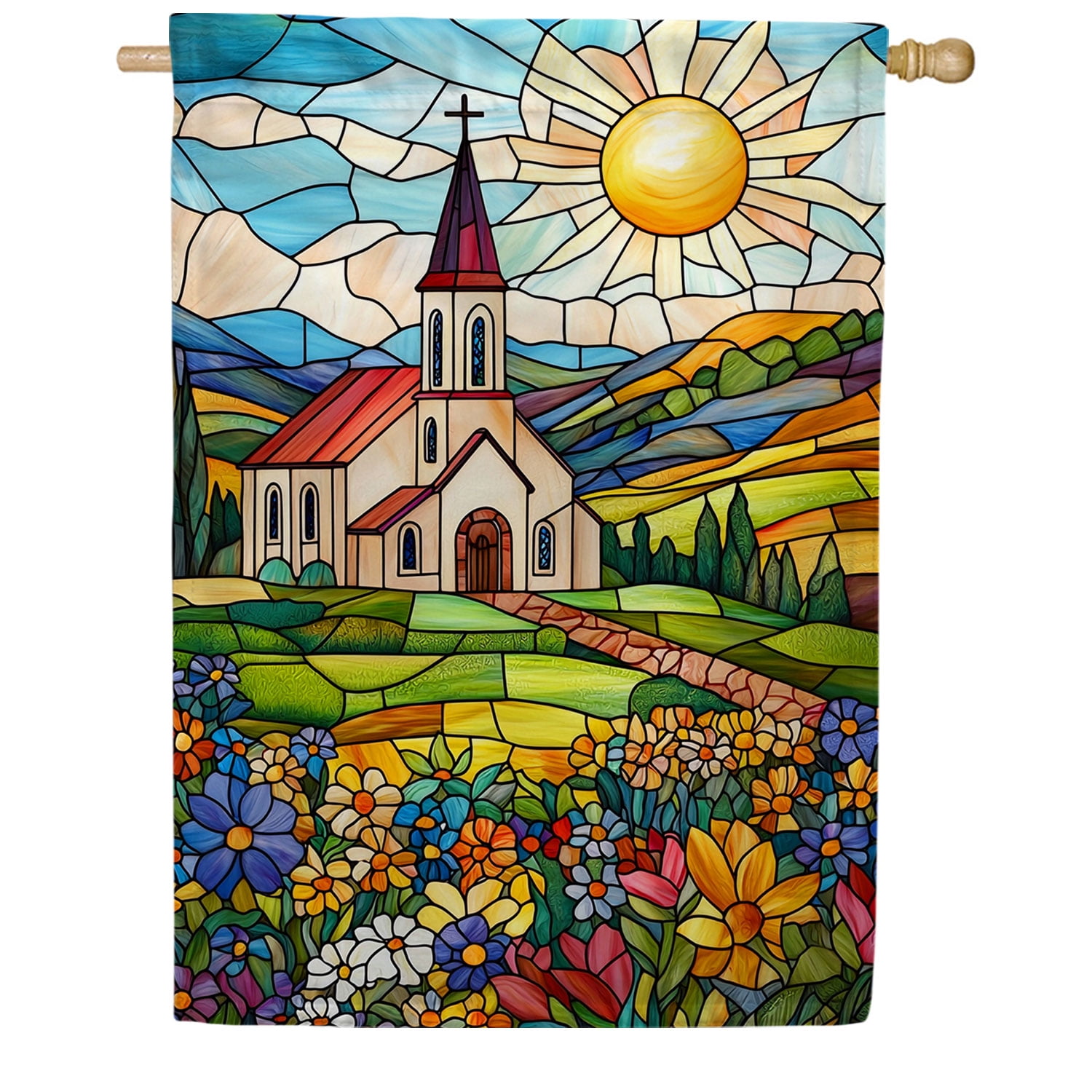 America Forever Stained Glass Church House Flag, 28 x 40 inch Double Sided, Church Stained Glass Window Art, Country Church Sun Wildflower, Sacred Art Flag