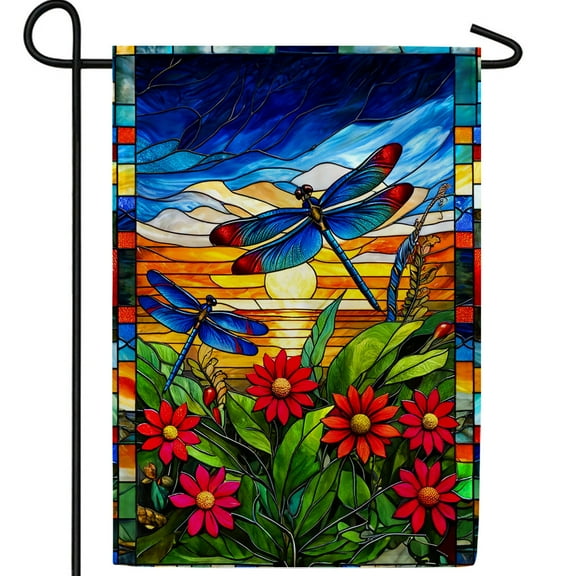 America Forever Stained Glass Dragonfly Garden Flag, 12.5 x 18 inch Double Sided, Spring Summer Dragonflies Floral Flower Decorative Seasonal Outdoor Decor, Holiday Outside Decorations Yard Flag
