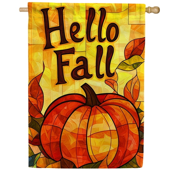 America Forever Stained Glass Pumpkin House Flag, 28 x 40 inches Double Sided, Hello Fall Pumpkin House Flag, Pumpkin Banner, Autumn Decor Outdoor Seasonal Flags for Yard, Lawn