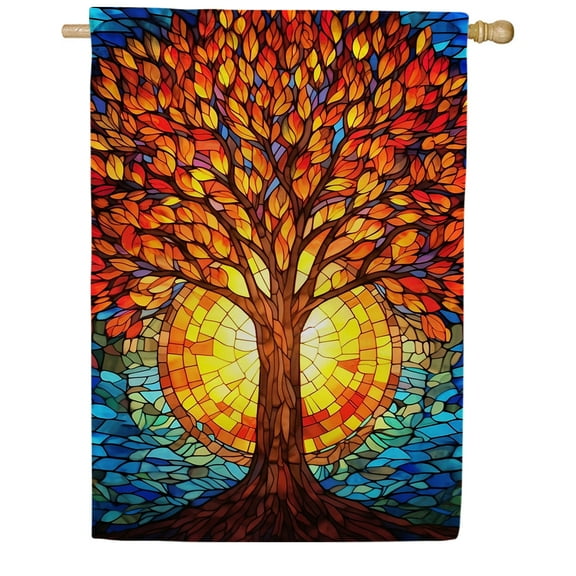 America Forever Stained Glass Tree House Flag, 28 x 40 inches Double Sided, Vibrant Fall Tree with Sun, Tree of Life, Autumn Seasonal Outdoor Flags for Yard, Lawn, and House