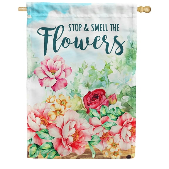 America Forever Stop and Smell The Flowers House Flag 28 x 40 inch Red Pink Roses Floral Spring Summer Positive Inspirational Double Sided Seasonal Yard Outdoor Decorative Nature Motivational Flag