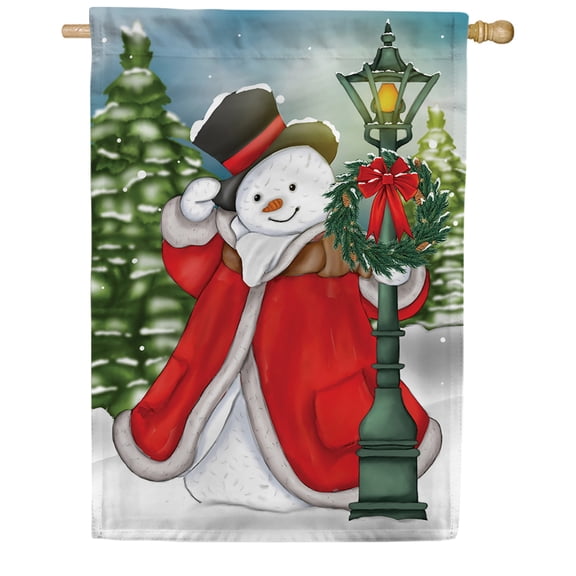 America Forever Stylish Snowman Lamp Post House Flag, 28 x 40 inch Double Sided, Dapper Snowman Banner, Red Coat Top Hat Outdoor Decor, Winter Yard Decorations, Elegant Holiday Design