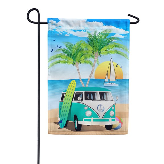 America Forever Summer Beach Van Travel Holidays Garden Flag 12.5 x 18 inches Sunset Palm Tree Tropical Beach Surfing Board Double Sided Seasonal Yard Outdoor Decorative Fun Summertime Garden Flag