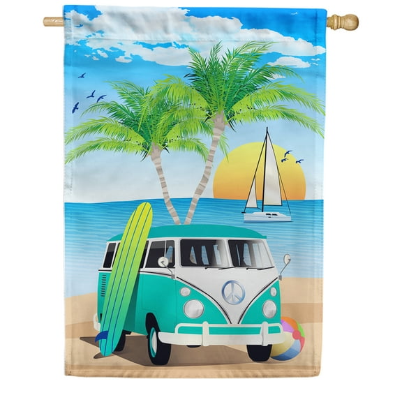 America Forever Summer Beach Van Travel Holidays House Flag 28 x 40 inches Sunset Palm Tree Tropical Beach Surfing Board Double Sided Seasonal Yard Outdoor Decorative Fun SummerTime House Flag