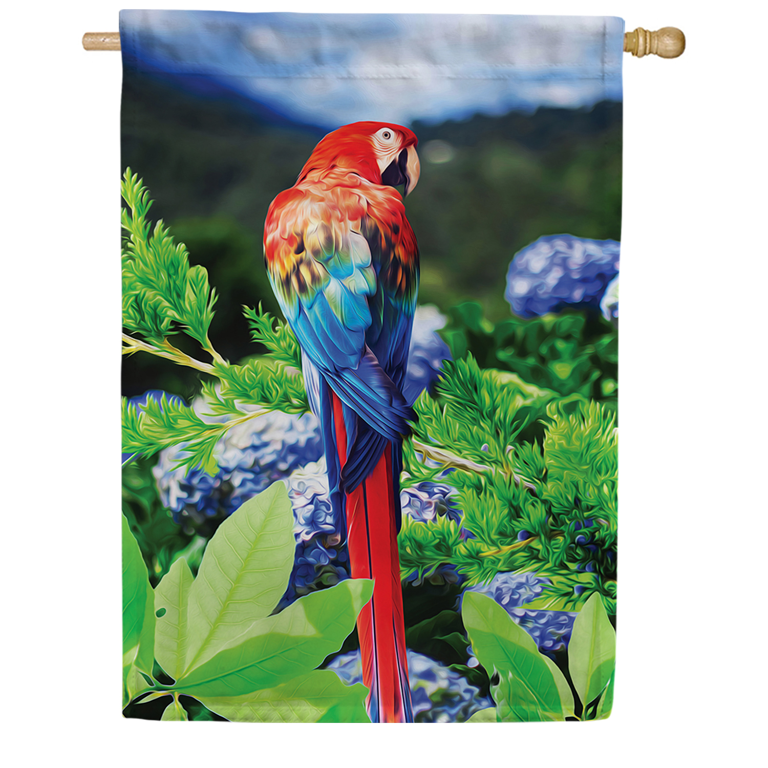 Photo inspiration: Life Outdoor Macaw Bird House Reference: America Forever Summer Bird Macaw House Flag 28 X 40
