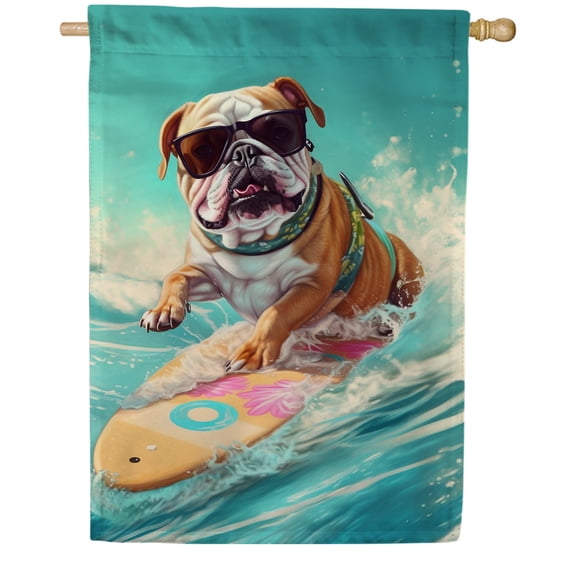 America Forever Summer Bull Dog Beach Ocean Surfing House Flag 28 x 40 inch Double Sided Surf Fun Cute Dog Coastal Outdoor Beach House Yard Decoration