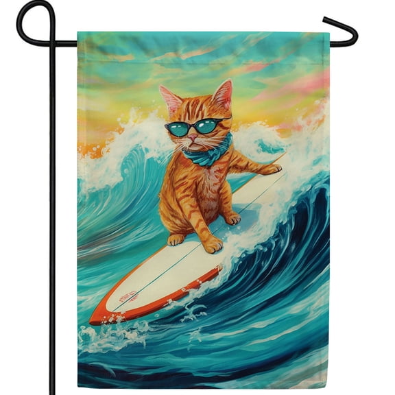 America Forever Summer Cat Beach Ocean Surfing Garden Flag 12.5 x 18 inch Double Sided Surf Fun Cute Cat Coastal Outdoor Beach House Yard Decoration