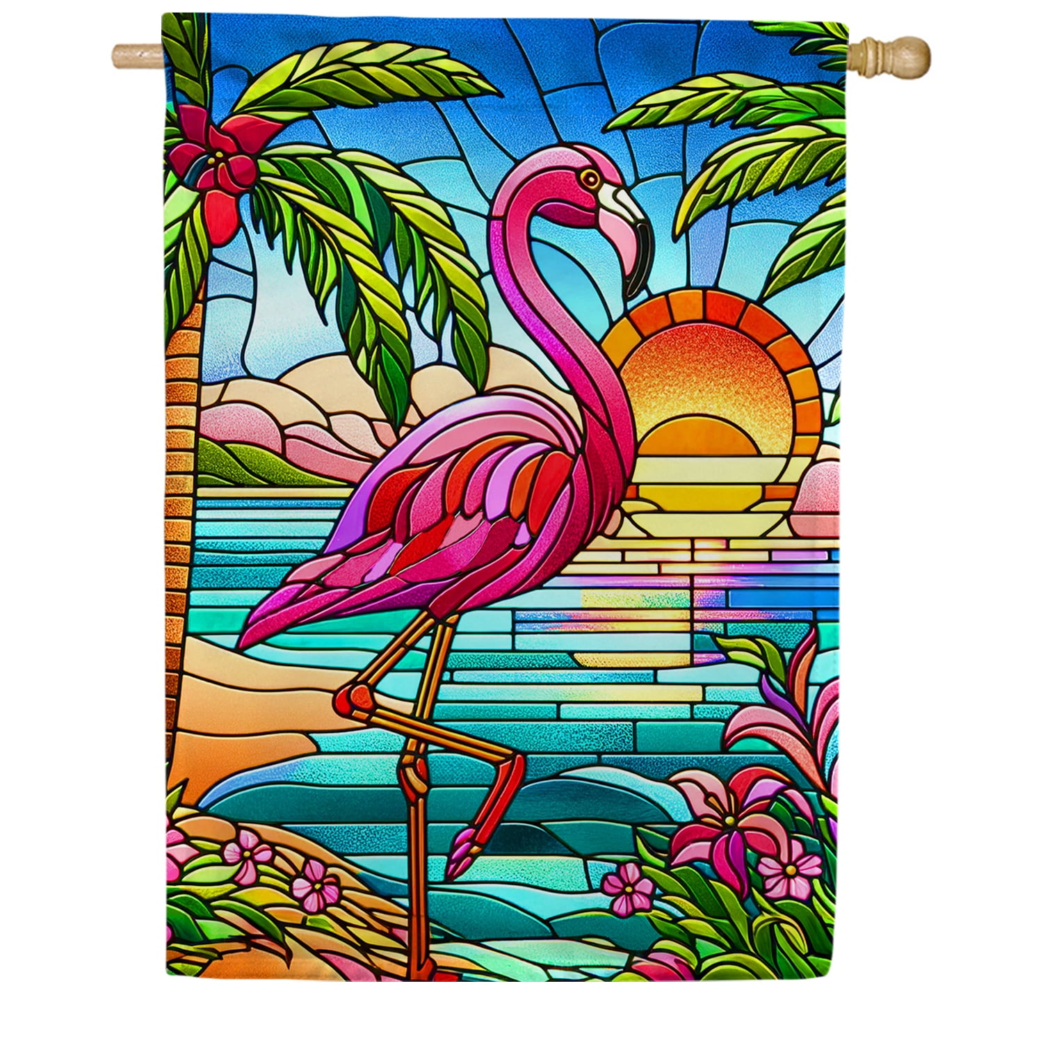 America Forever Summer Flamingo House Flag, 28 x 40 inch Double Sided, Retro Style Stained Glass Summer Beach Decorative Seasonal Outdoor Decor, Holiday Outside Decorations Yard Flag