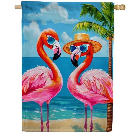 America Forever Summer Flamingo House Flag 28 x 40 inch Double Sided Welcome Hawaiian Sea Beach Tropical Palm Trees Pink Flamingo Coastal Yard Outdoor Decor