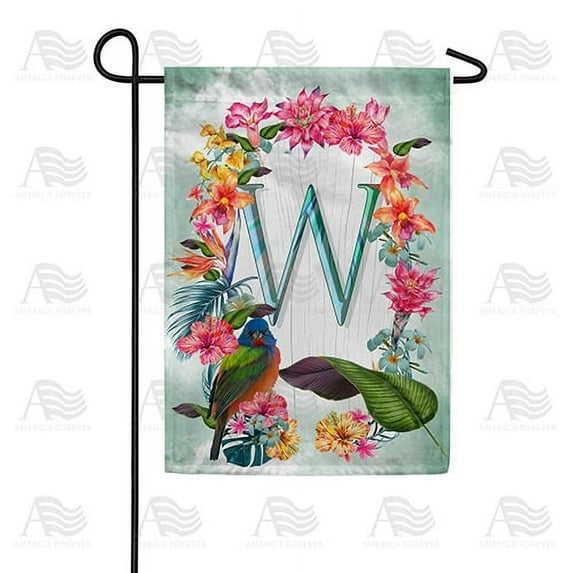 America Forever Summer Floral Wreath Monogram Garden Flag Letter W 12.5 x 18 inches Parrot Macaw Hibiscus Palm Leaves Double Sided Vertical Outdoor Yard Lawn Decorative Tropical Garden Flag