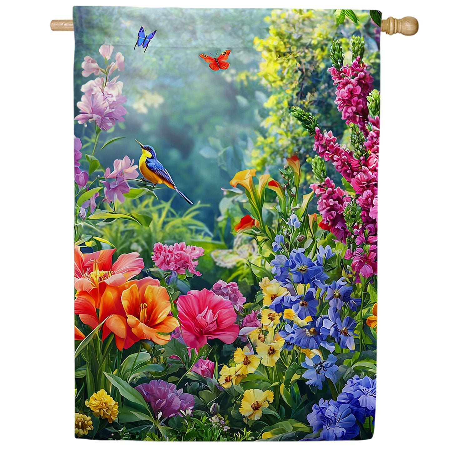 America Forever Summer Garden Bird House Flag, 28 x 40 inch Double Sided, Flowers Butterfly Wildlife, Spring Cottage Nature Banner