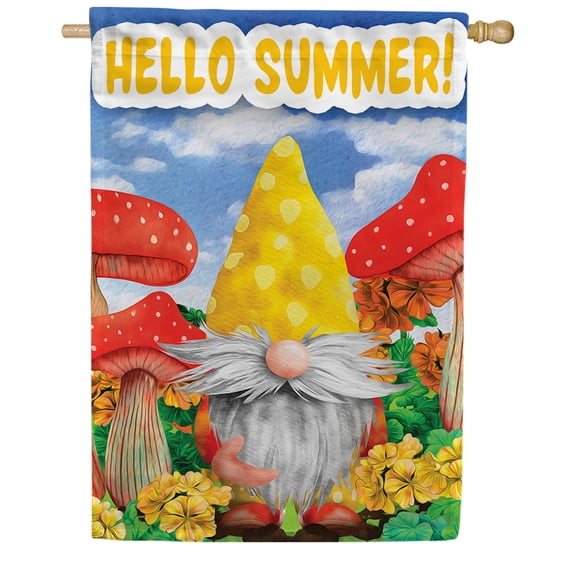 America Forever Summer Mushroom Gnome House Flag 28 x 40 inch Double Sided, Hello Summer Banner Whimsical Outdoor Decor, Garden Fantasy Yard Display Seasonal Decorations Cute