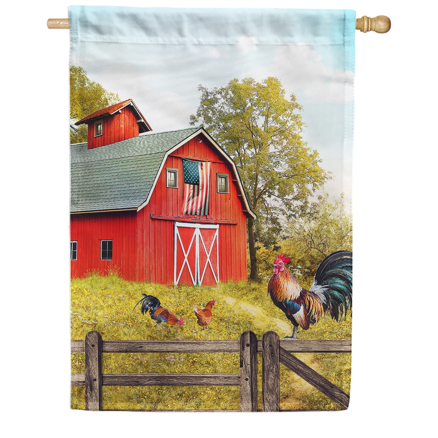 America Forever Summer Patriotic Red Barn Rooster House Flag 28 x 40 inches Fancy Farm Rooster Chicken Farm Bird Double Sided Seasonal Poultry Country Yard Outdoor Decorative Rustic House Flag