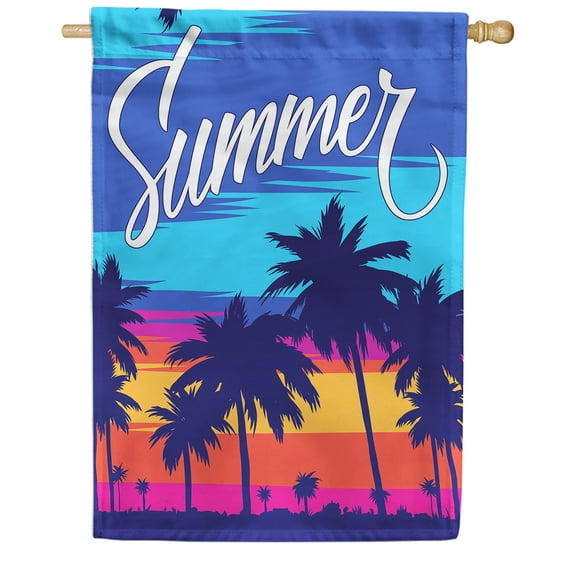 America Forever Summer Sunset House Flag 28 x 40 inches Landscape Colorful Purple Orange Red Yellow Hue Double Sided Seasonal Yard Outdoor Decorative Silhouette House Flag