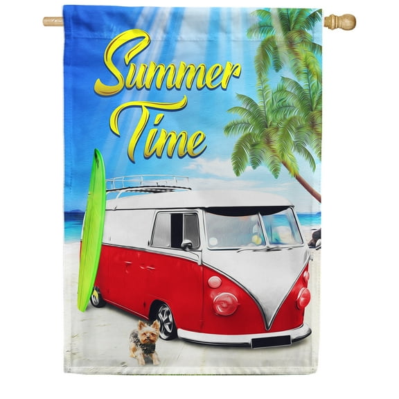 America Forever Summertime Vintage Surfer Van Coastal House Flag 28 x 40 inches Summer Surfboard Double Sided Palm Tree Exotic Summer Coastal Seasonal Yard Outdoor Decorative Tropical House Flag