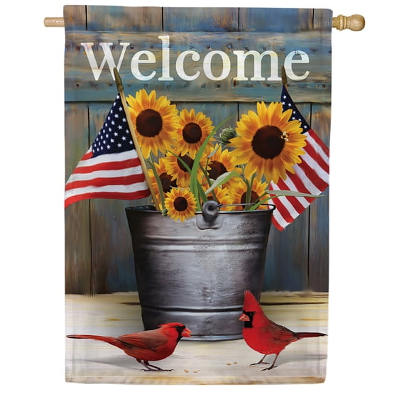 America Forever Sunflower Cardinals House Flag 28 x 40 inch Double Sided, Welcome Banner Red Birds American Flag Outdoor Decor, Patriotic Floral Yard Display July Fourth Decorations