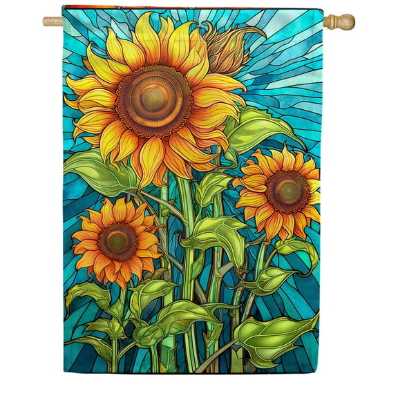 America Forever Sunflower Shine House Flag, 28 x 40 inch Double Sided, Stained Glass Sunflower Field, Bright Yellow Summer Outdoor Decorative Flag