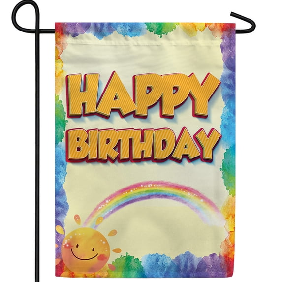 America Forever Sunny Birthday Greeting Garden Flag, 12.5 x 18 inch Double Sided, Happy Birthday Flag, Rainbow Sun Design, Celebration Decoration, Party Time Yard Decor