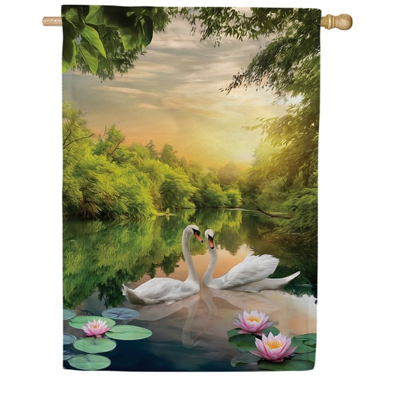 America Forever Swan Lake Summer House Flag 28 x 40 inches Water Bird Swan Pair Exotic Flower Country Life Double Sided Seasonal Yard Outdoor Decorative Tranquil Summer House Flag