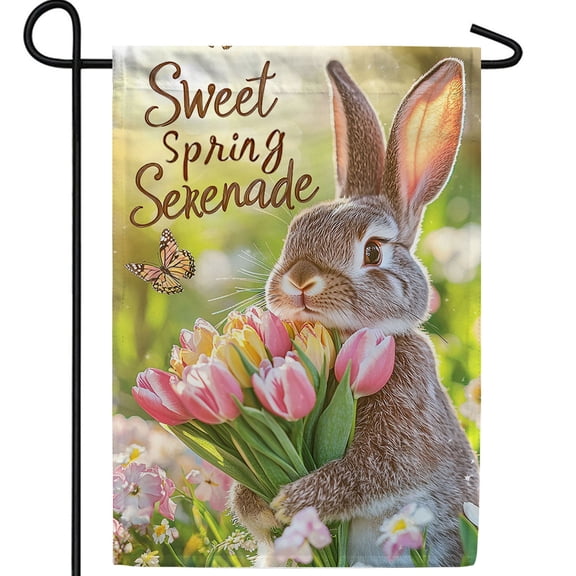 America Forever Sweet Spring Serenade Garden Flag, 12.5 x 18 inch Double Sided, Realistic Rabbit Tulip Bouquet, Spring Easter Butterfly Garden, Photorealistic Bunny Flag