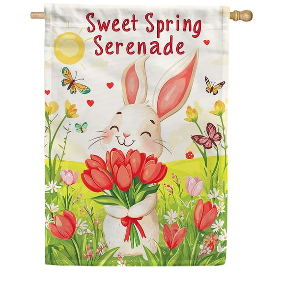 America Forever Sweet Spring Serenade House Flag, 28 x 40 inch Double Sided, Bunny Rabbit Tulip Bouquet, Easter Butterfly Flower, Flag