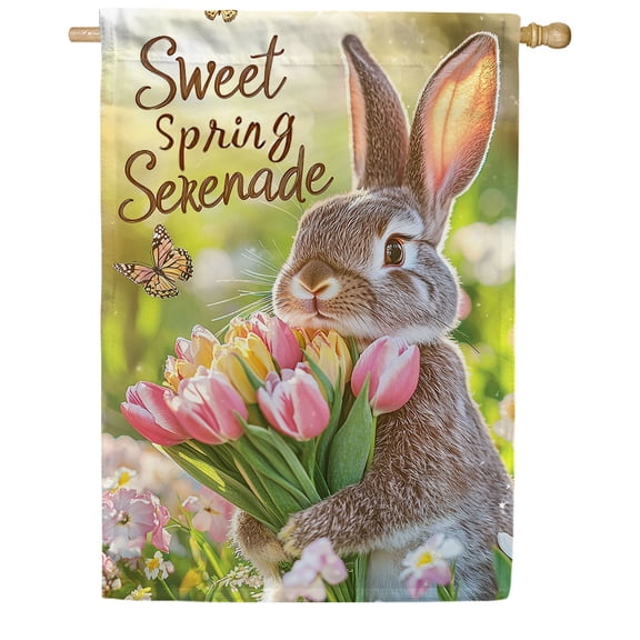 America Forever Sweet Spring Serenade House Flag, 28 x 40 inch Double Sided, Realistic Rabbit Tulip Bouquet, Spring Easter Butterfly Garden, Photorealistic Bunny Flag
