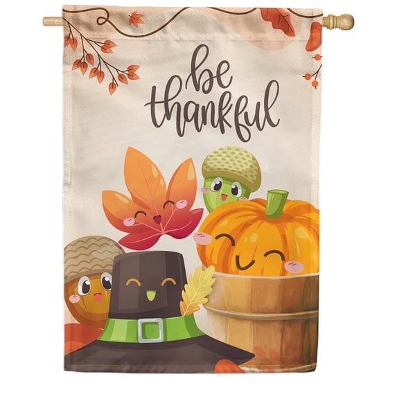 America Forever Be Thankful House Flag, 28 x 40 inch Double Sided, Cute Fall Characters Banner, Thanksgiving Pumpkin Decoration, Autumn Seasonal Outdoor Decor, Holiday Yard Flag