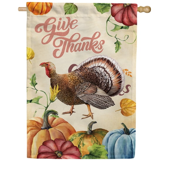 America Forever Thanksgiving Turkey House Flag, 28 x 40 inches Double Sided, Rustic Turkey and Pumpkin, Autumn Harvest Seasonal Outdoor Decor, Holiday Outside Yard Decorations