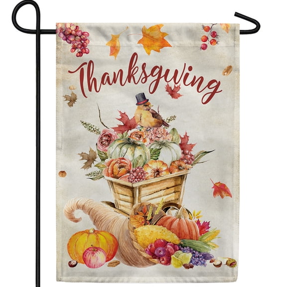 America Forever Thanksgiving Watercolor Garden Flag, 12.5 x 18 inch Double Sided, Cornucopia Pumpkin Design, Autumn Harvest Basket, Fall Decor, Seasonal Yard Decoration