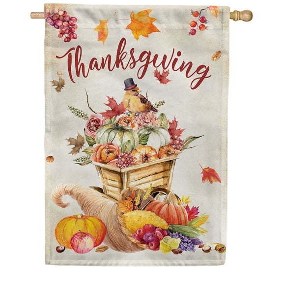 America Forever Thanksgiving Watercolor House Flag, 28 x 40 inch Double Sided, Cornucopia Pumpkin Design, Autumn Harvest Basket, Fall Decor, Seasonal Yard Decoration