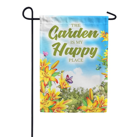 America Forever The Garden is my Happy Place Garden Flag 12.5 x 18 inch Yellow Lilies Spring Summer Butterflies Floral Double Sided Seasonal Yard Outdoor Decorative Motivational Gardening Flag