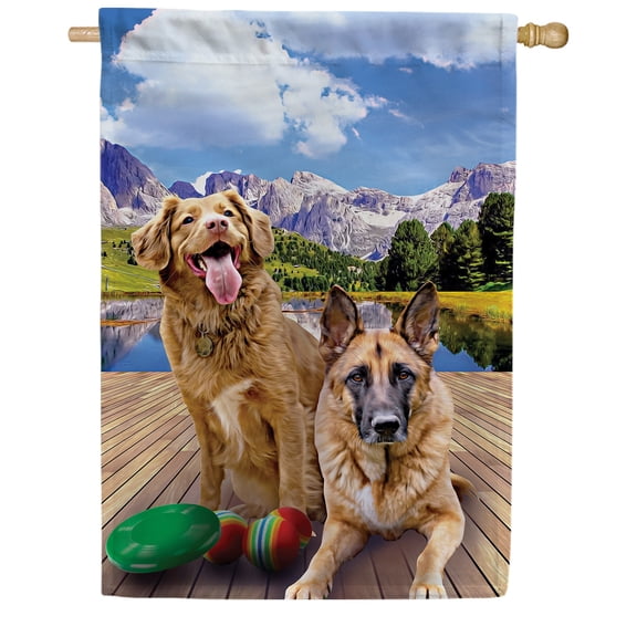 America Forever Throw It Again House Flag, 28 x 40 inch Double Sided, Dogs Playing Fetch Lake Scene, Pet Lover Outdoor Yard Decorative Summer Flag
