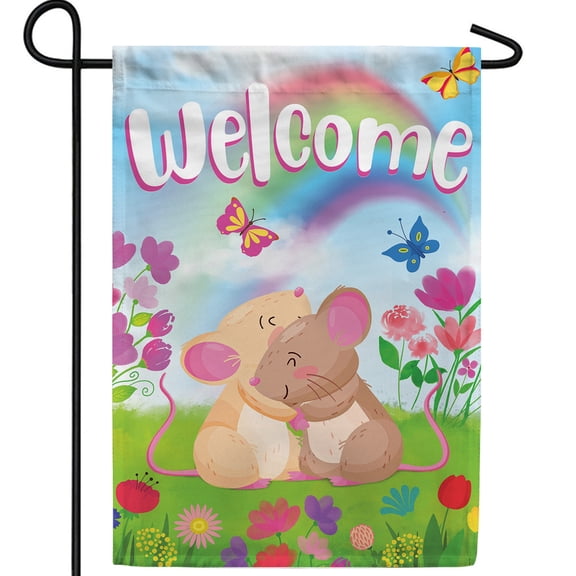 America Forever Tiny Mice Big Love Garden Flag, 12.5 x 18 inch Double Sided, Welcome Mice Rainbow Love, Cute Animal Butterfly Outdoor Decorative Flag
