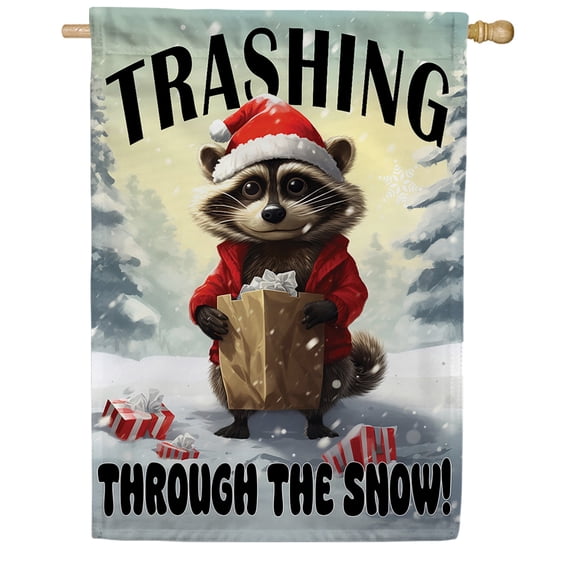 America Forever Trashing Through Snow Raccoon House Flag, 28 x 40 inch Double Sided, Funny Raccoon Santa Hat Holiday Banner, Winter Outdoor Decor, Seasonal Yard Decoration Large Banner